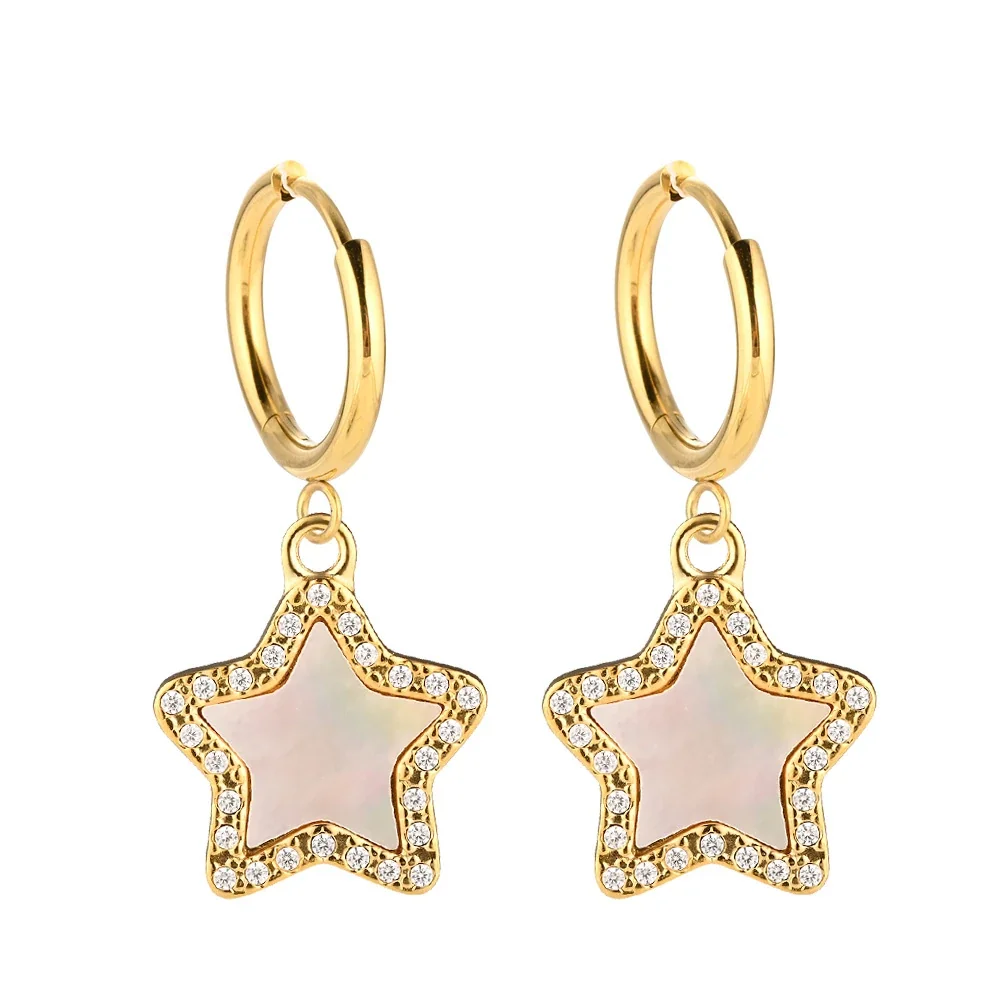 Polished 316 Stainless Steel Charm Hoop Earrings - Gold Star