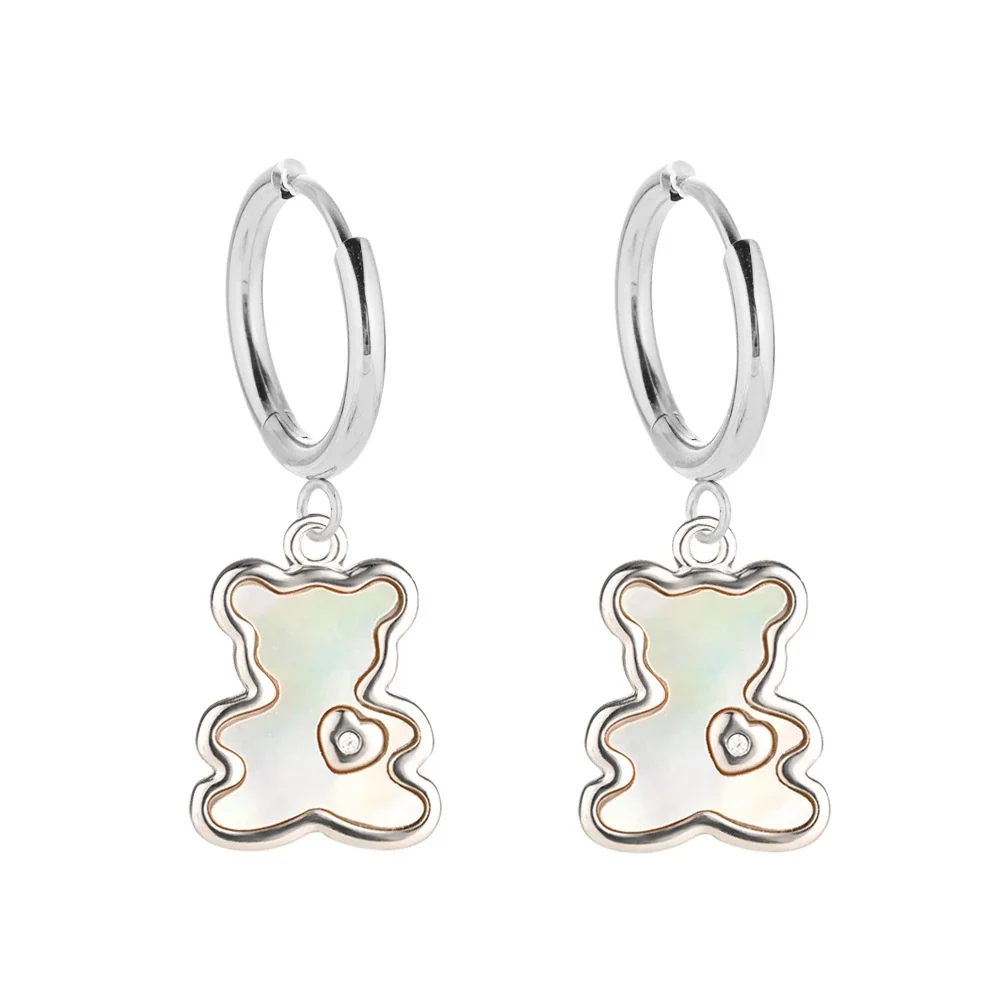Polished 316 Stainless Steel Charm Hoop Earrings - Silver Bear