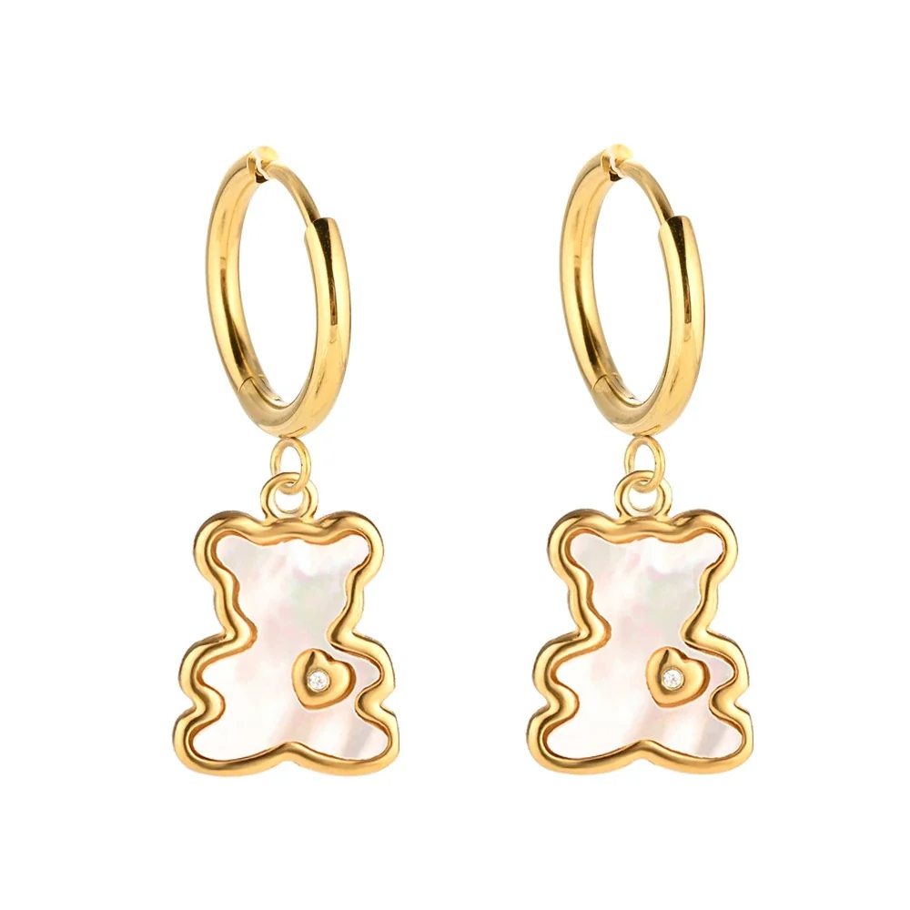 Polished 316 Stainless Steel Charm Hoop Earrings - Gold Bear