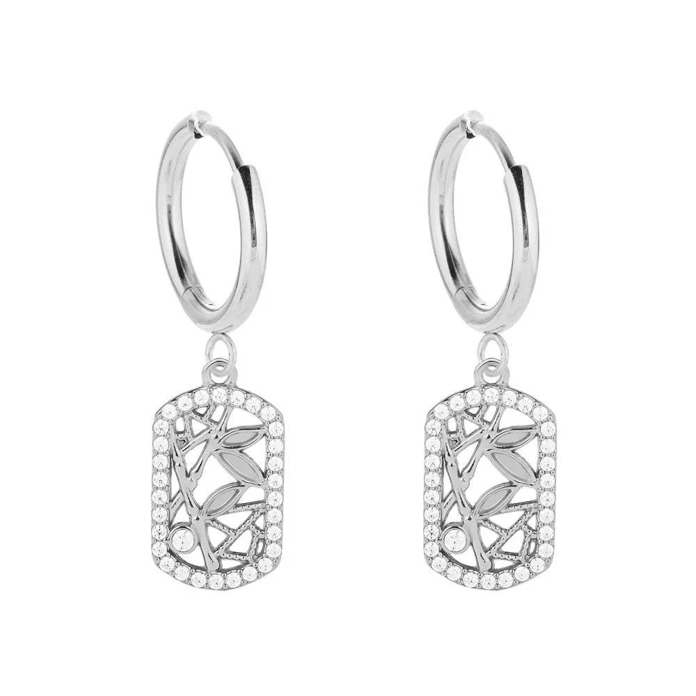 Polished 316 Stainless Steel Charm Hoop Earrings - Silver Openwork Leaf Square