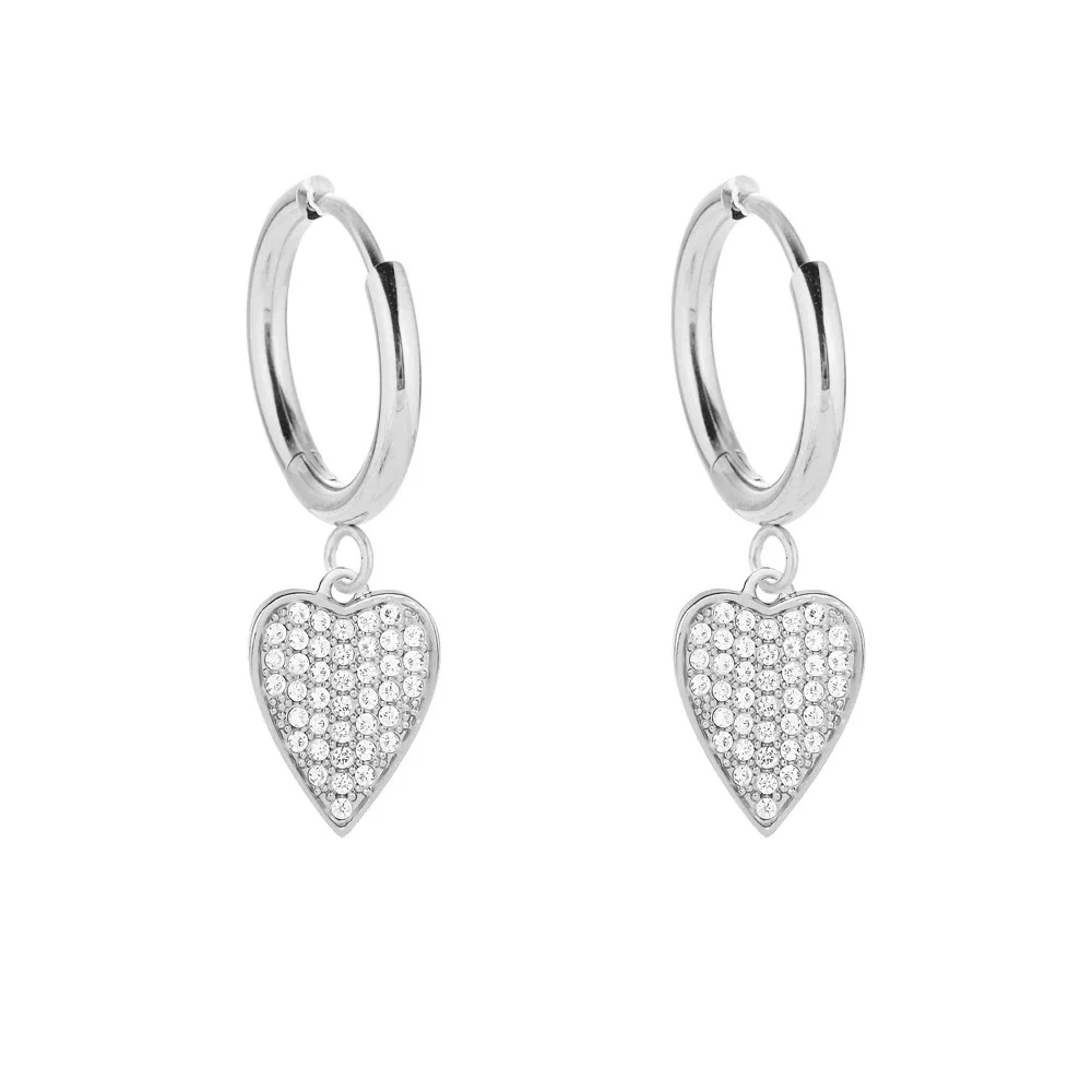 Polished 316 Stainless Steel Charm Hoop Earrings - Silver Pavé CZ Heart
