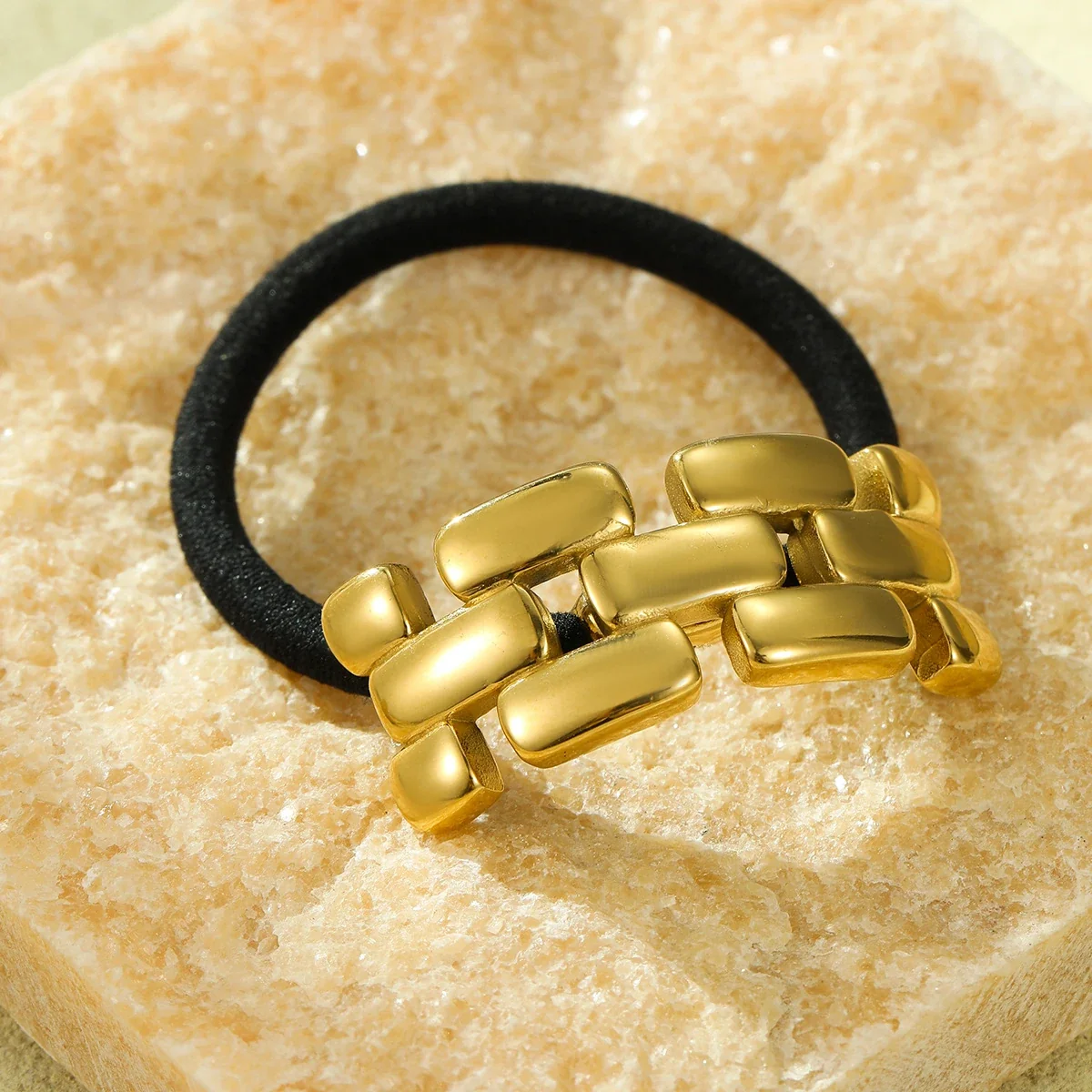Hair Tie with Gold-Plated Brick-Link Bar, Stainless Steel