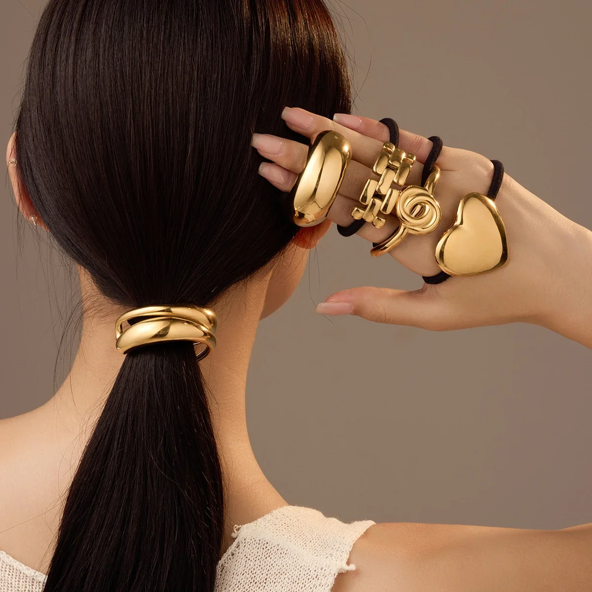 Hair Tie with Gold-Plated Brick-Link Bar, Stainless Steel