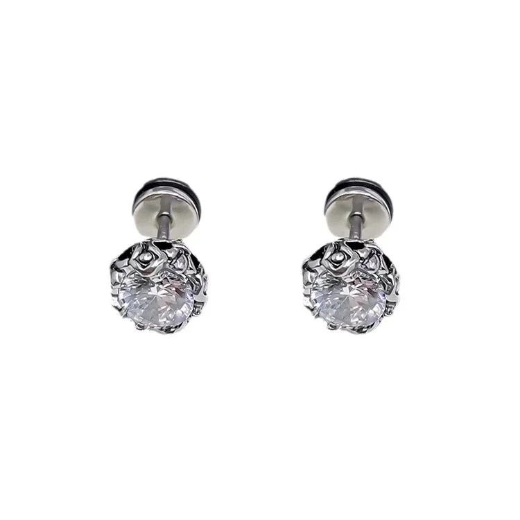 Edgy Stainless Steel Crown-Set Crystal Stud Earrings