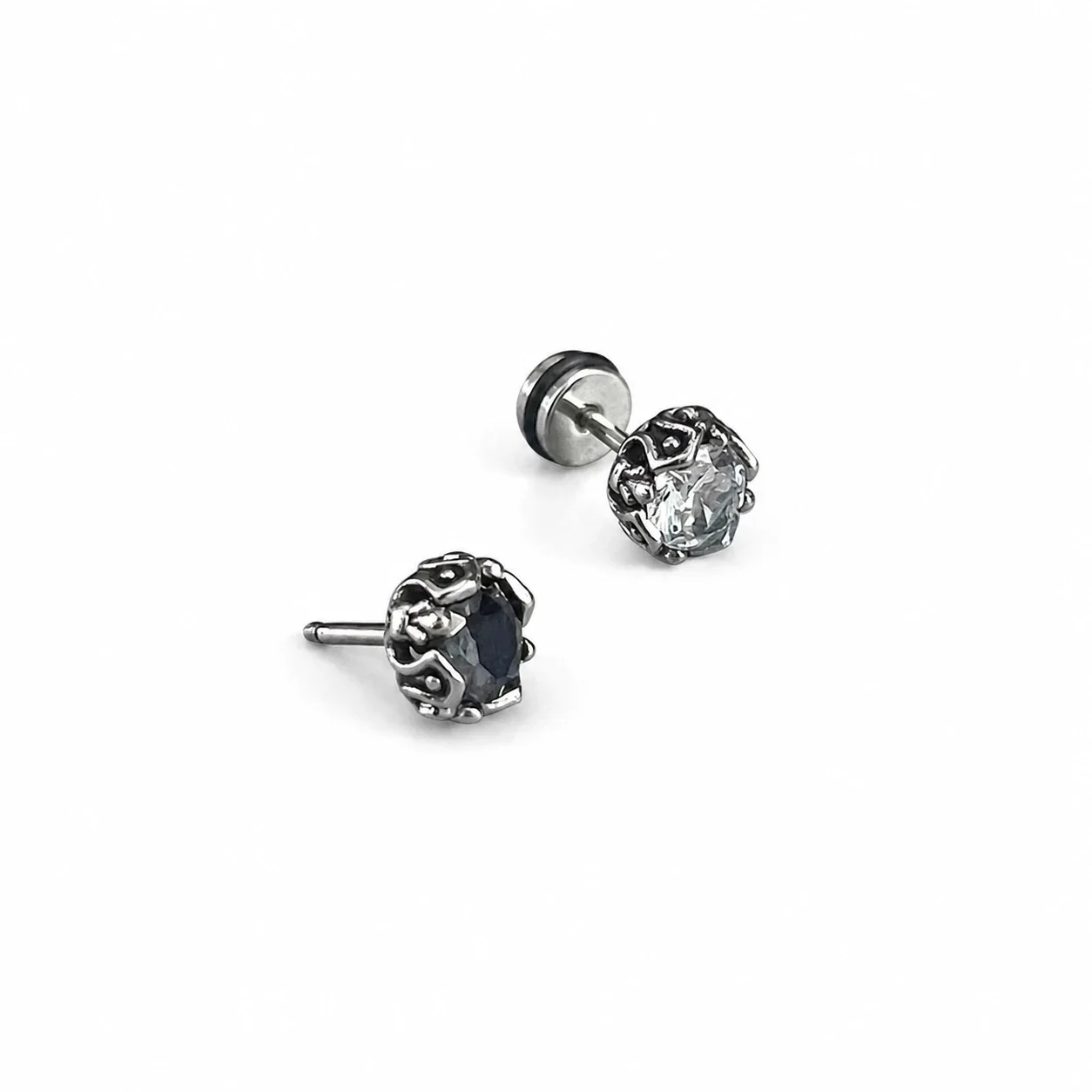 Edgy Stainless Steel Crown-Set Crystal Stud Earrings