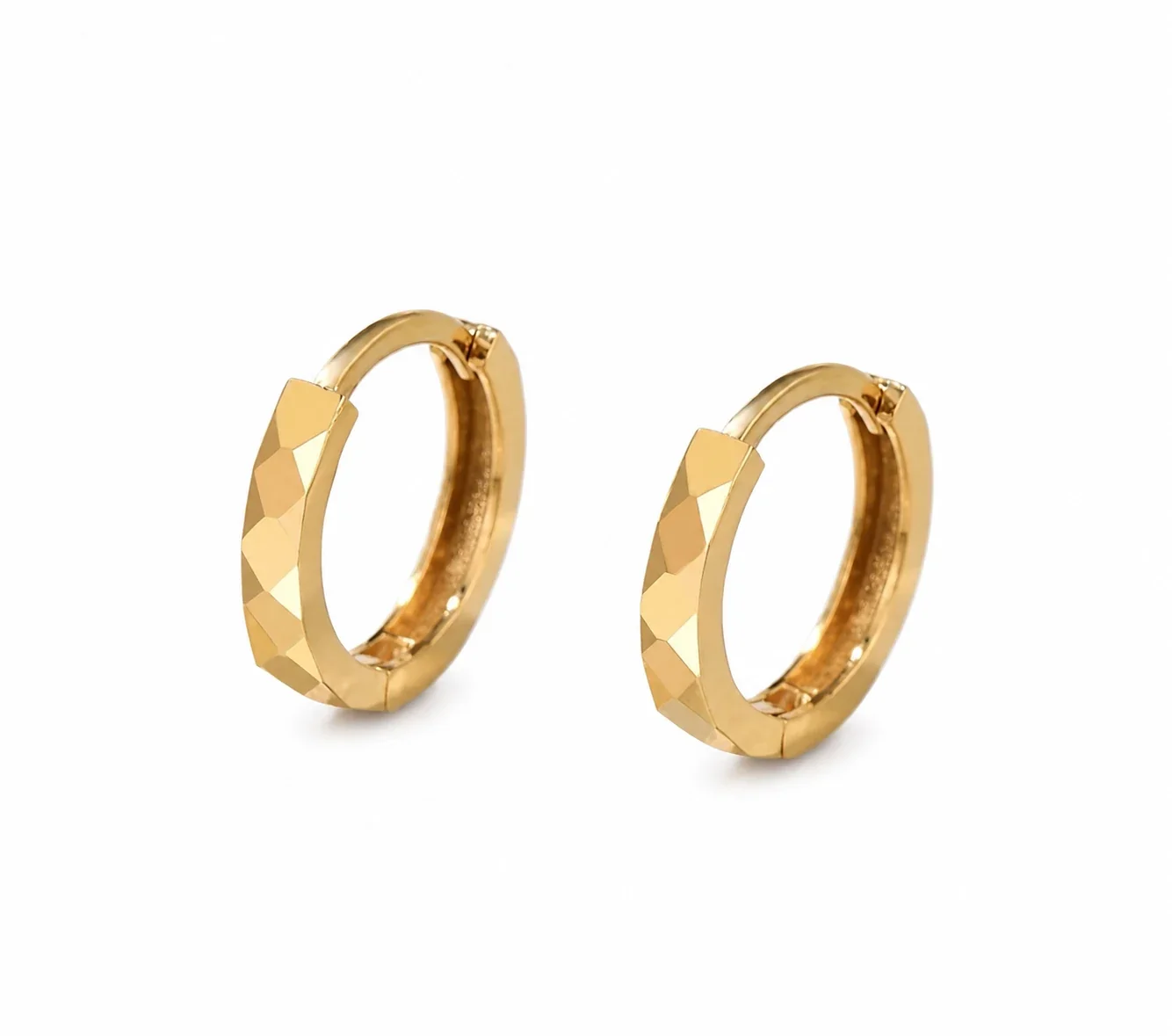 Sculpted Stainless Steel Faceted Hinged Huggie Hoop Earrings - Gold