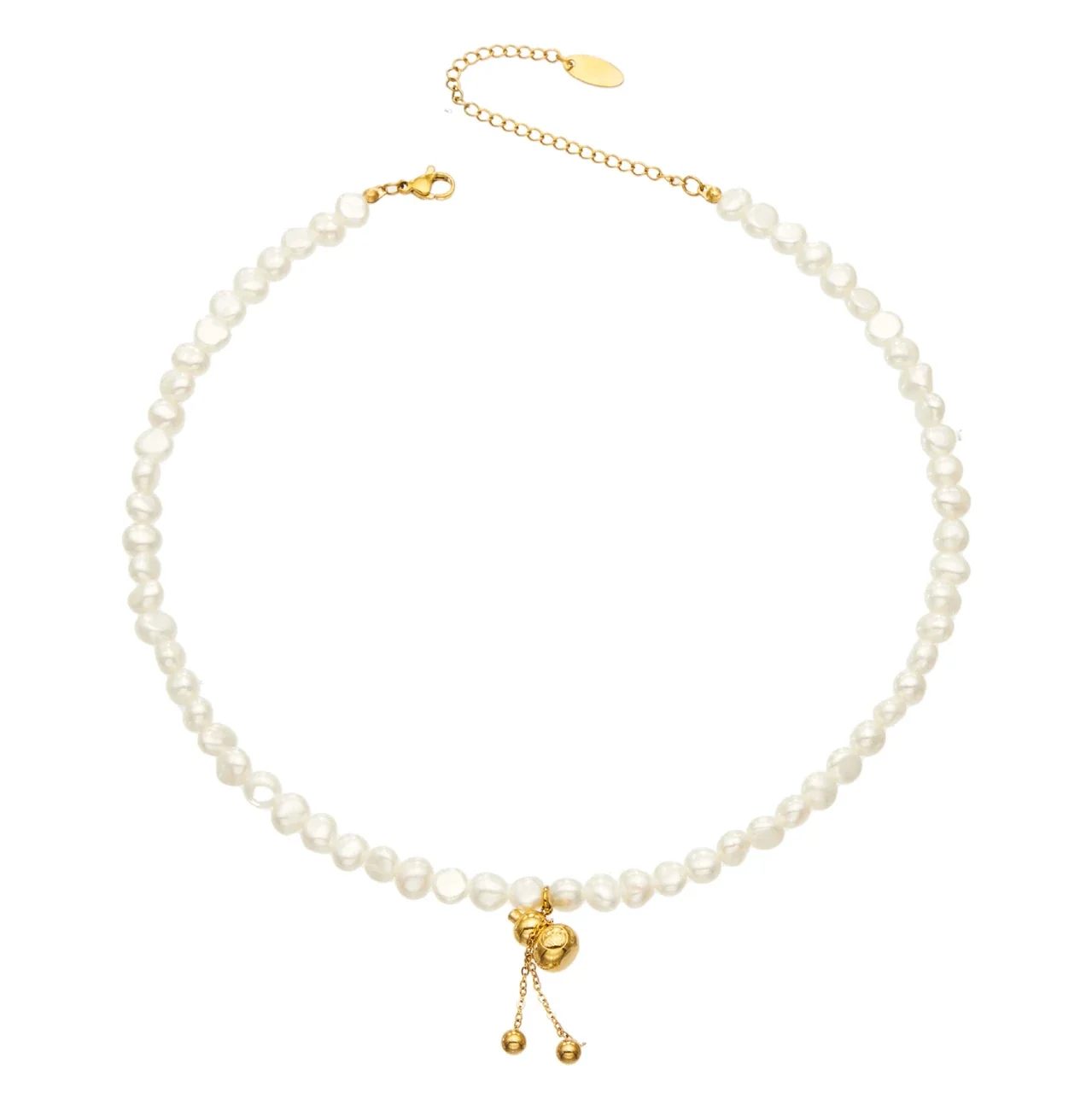 Freshwater Pearl Necklace with Gourd Charm, Gold-Plated Steel