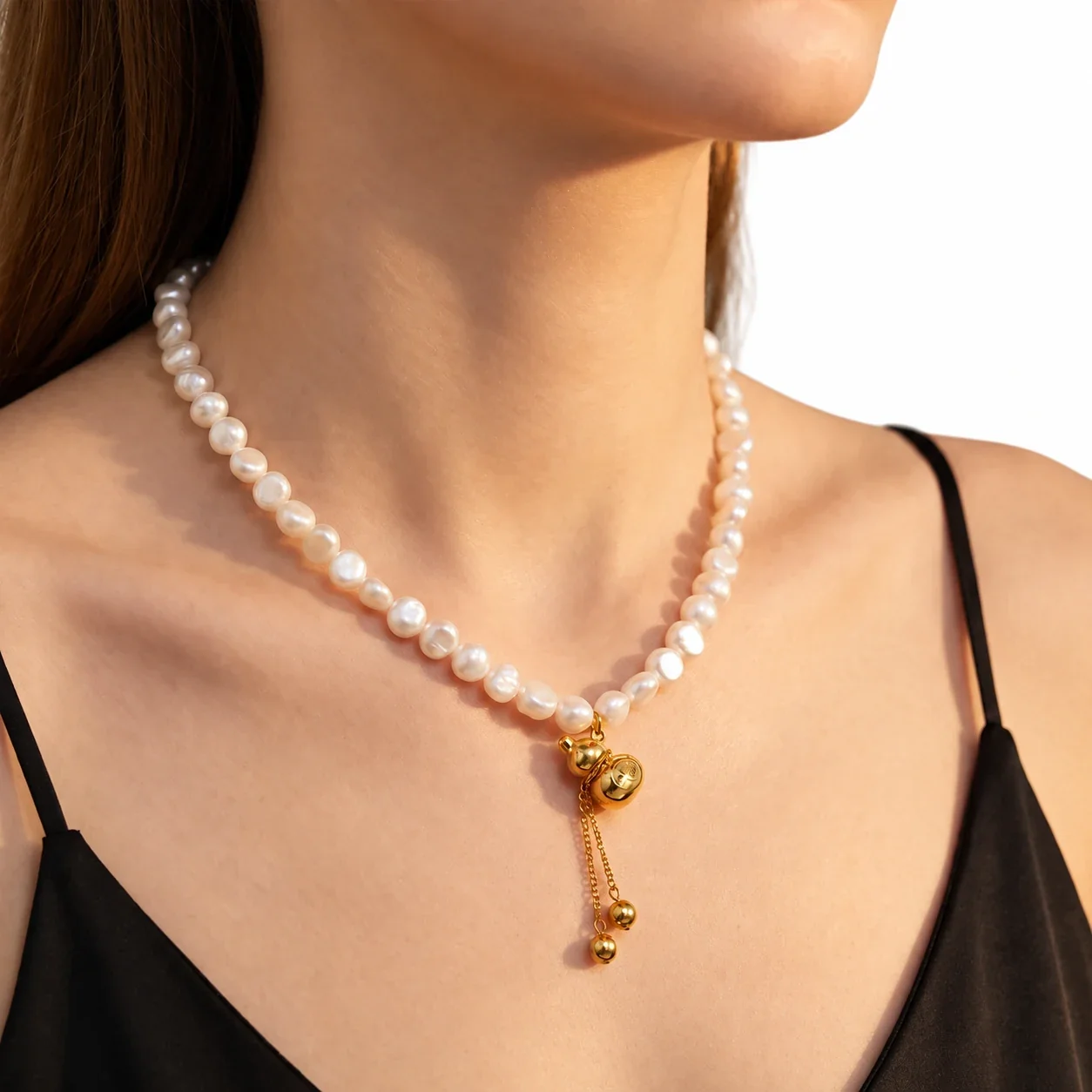 Freshwater Pearl Necklace with Gourd Charm, Gold-Plated Steel