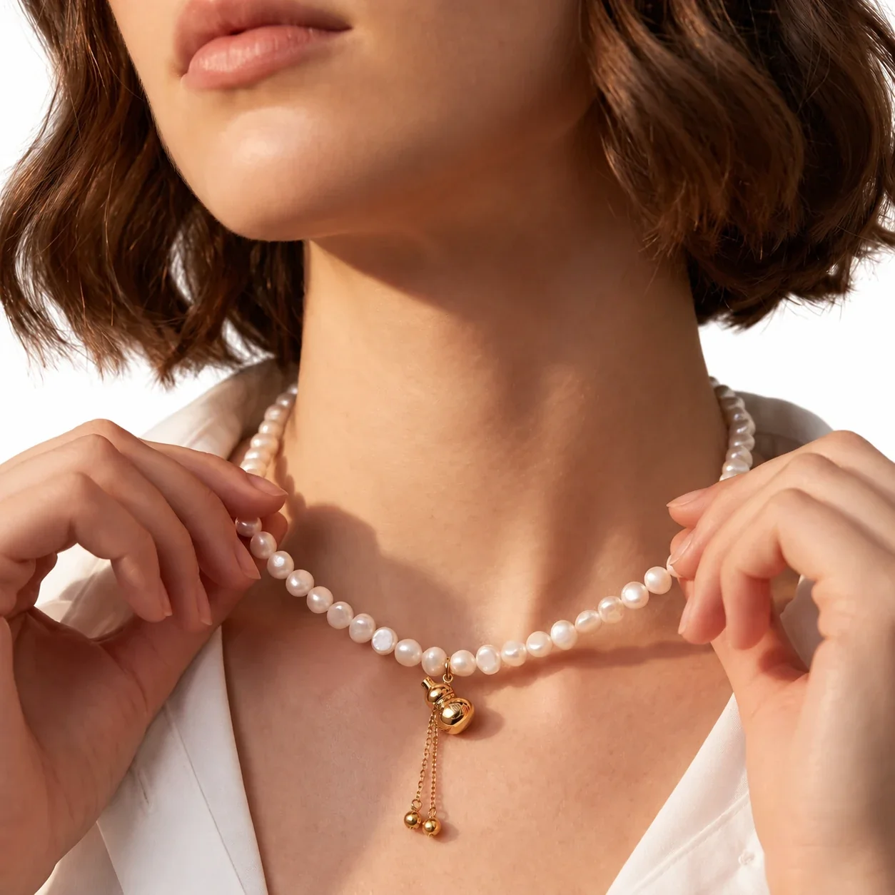 Freshwater Pearl Necklace with Gourd Charm, Gold-Plated Steel