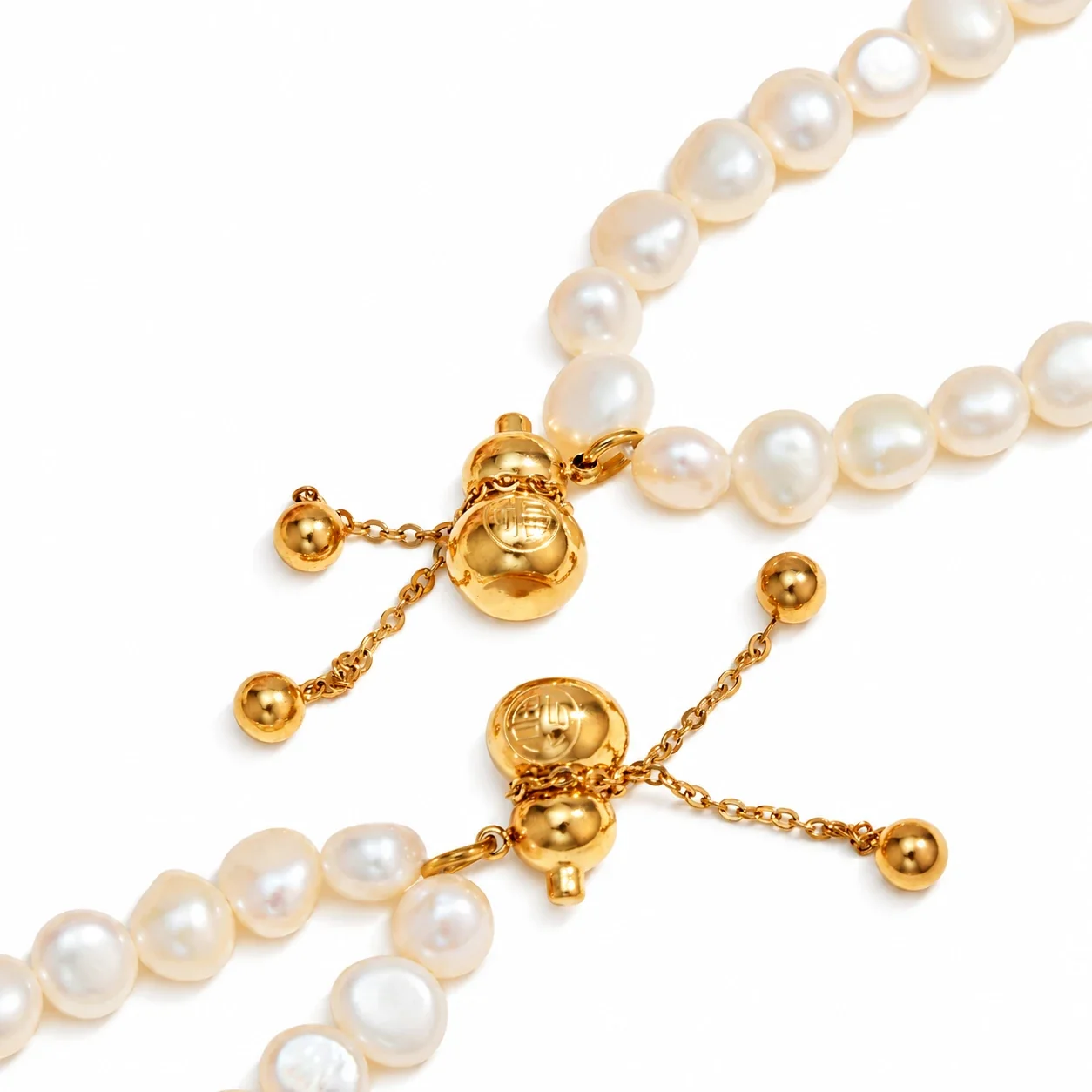 Freshwater Pearl Necklace with Gourd Charm, Gold-Plated Steel
