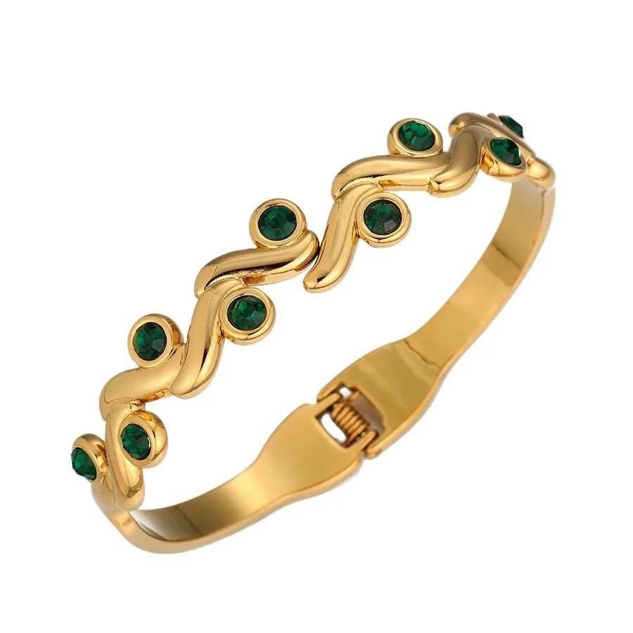 Bangle with Wavy Bezel-Set Cubic Zirconia, Gold-Plated Stainless Steel