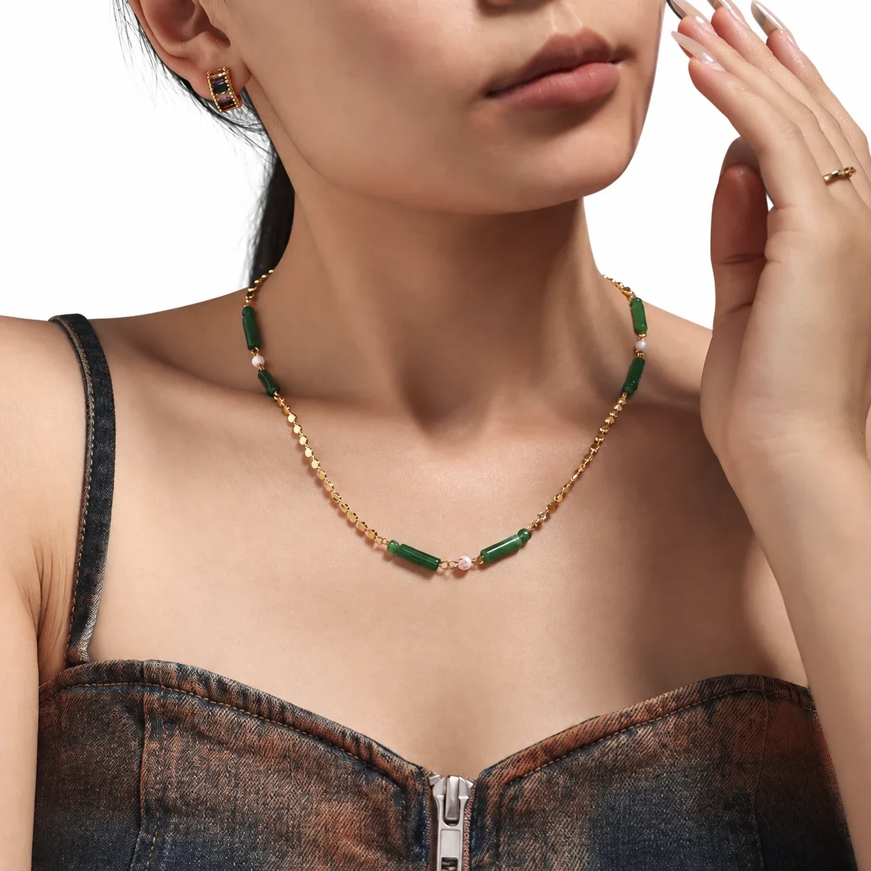 Necklace with Green Aventurine Tubes & Pearl-effect-Effect Beads