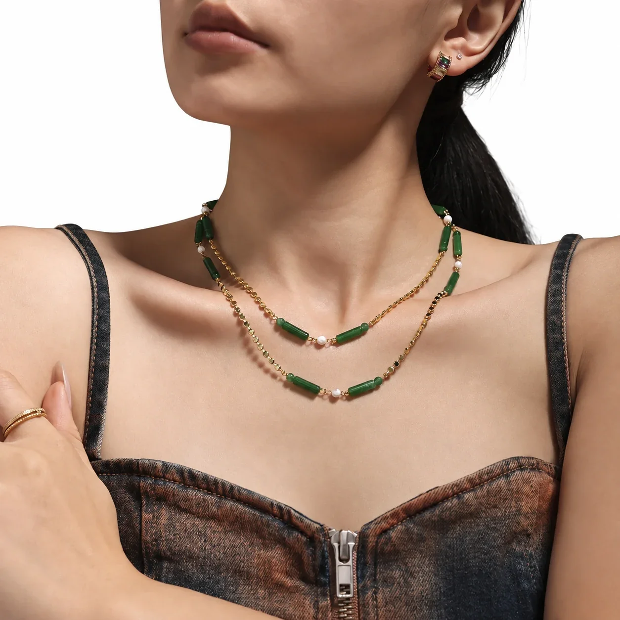 Necklace with Green Aventurine Tubes & Pearl-effect-Effect Beads