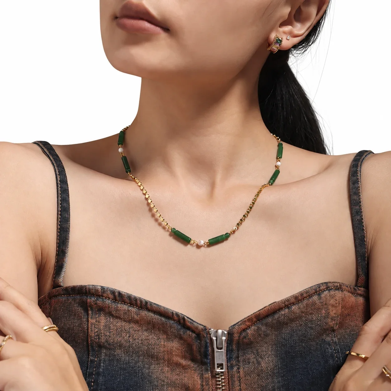 Necklace with Green Aventurine Tubes & Pearl-effect-Effect Beads