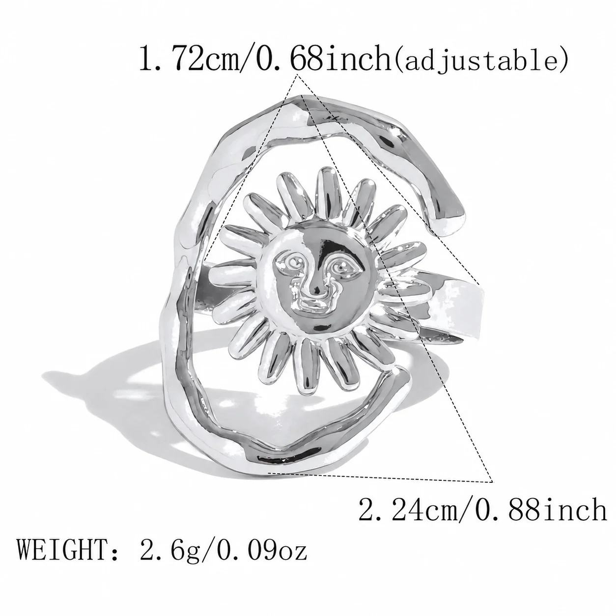 Open ring met zonnengezicht en hamerslaglook in roestvrij staal goud PVD productfoto