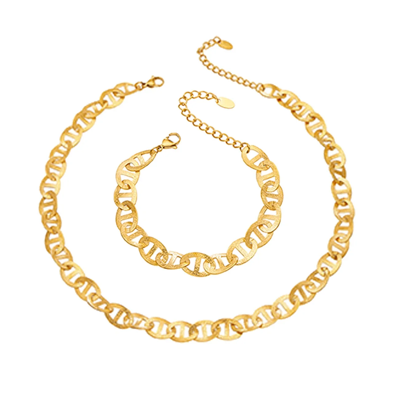 Jewelry Set Textured Openwork Oval Link Gold PVD Stainless Steel
