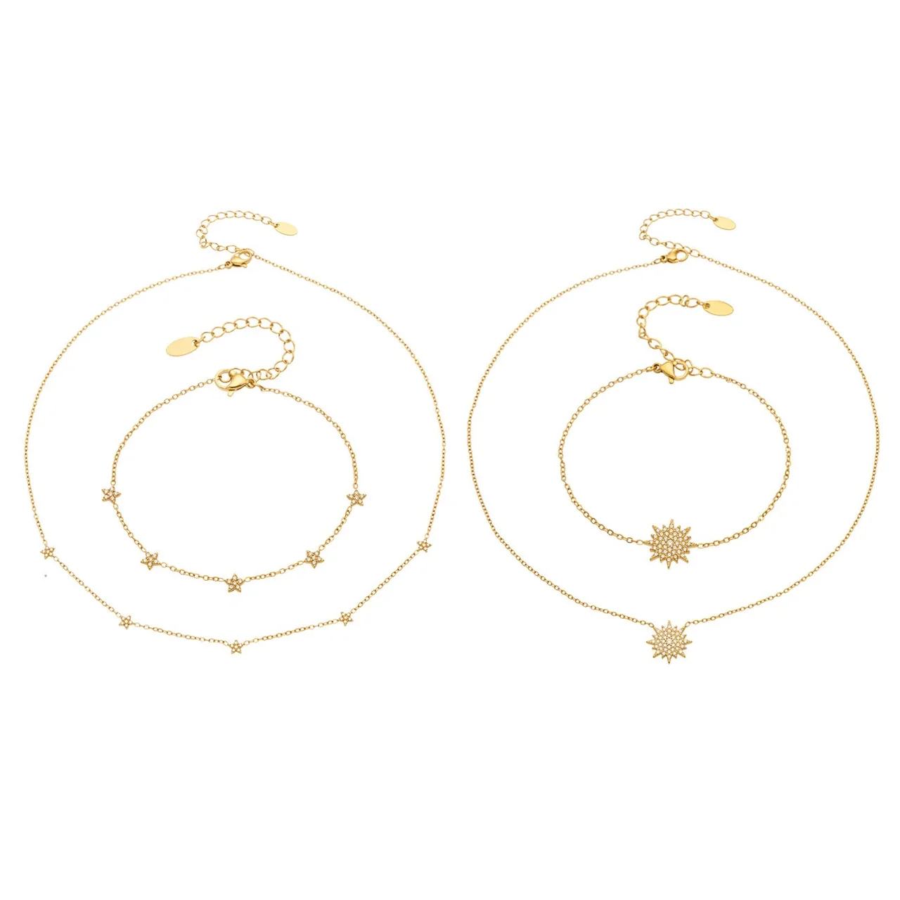 Jewelry Set Sunburst & Star CZ 18K Gold-Plated Steel