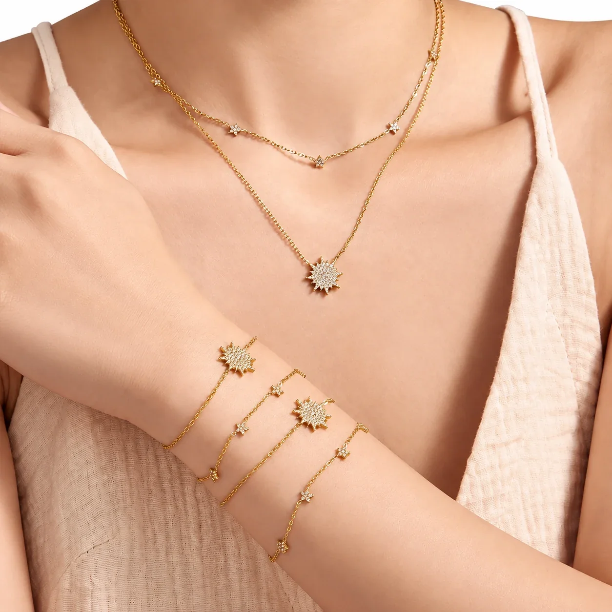 Jewelry Set Sunburst & Star CZ 18K Gold-Plated Steel
