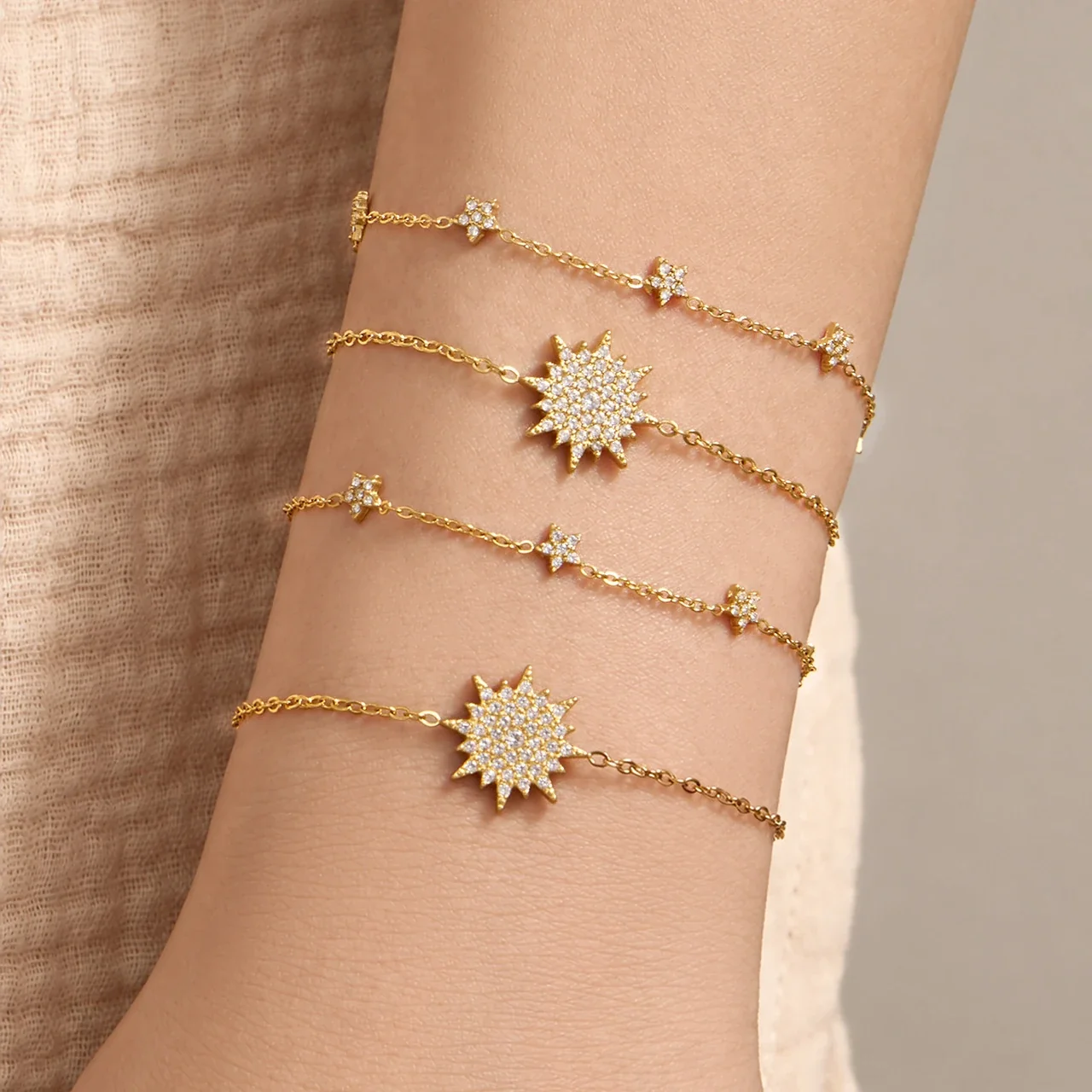 Jewelry Set Sunburst & Star CZ 18K Gold-Plated Steel
