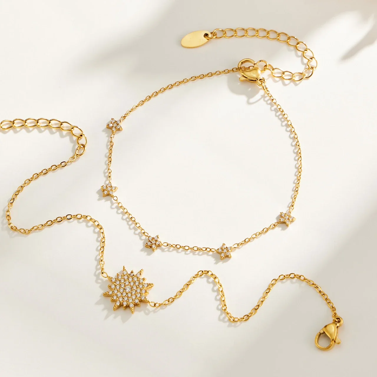 Jewelry Set Sunburst & Star CZ 18K Gold-Plated Steel