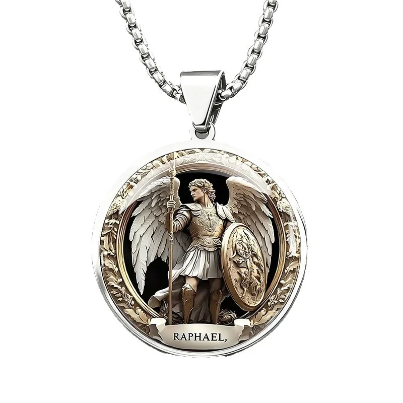 Archangel Raphael Medallion Box Chain Stainless Steel Necklace