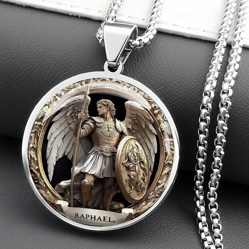 Archangel Raphael Medallion Box Chain Stainless Steel Necklace