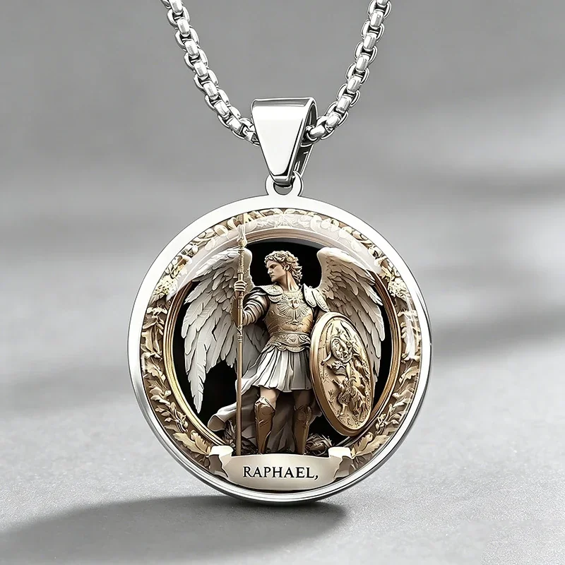 Archangel Raphael Medallion Box Chain Stainless Steel Necklace