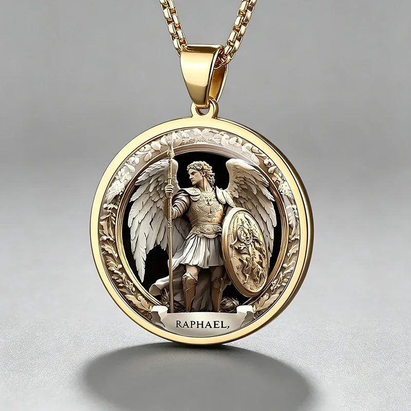 Archangel Raphael Medallion Box Chain Stainless Steel Necklace