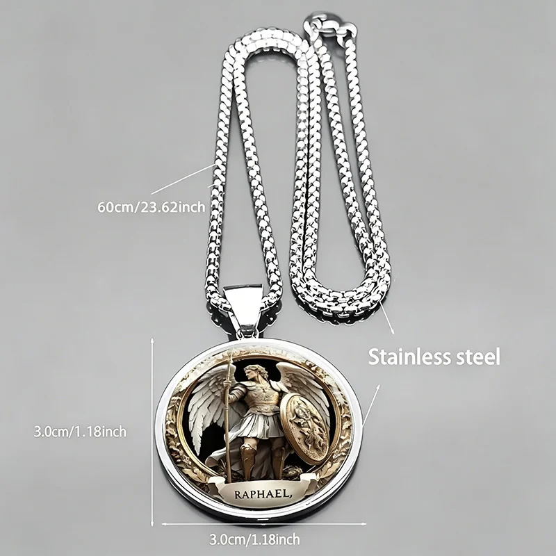 Archangel Raphael Medallion Box Chain Stainless Steel Necklace - Dimensions