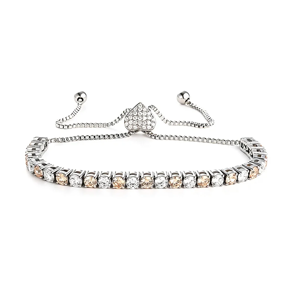 Polished 316 Stainless Round CZ Tennis Bracelet - Silver Heart Champagne and White mm