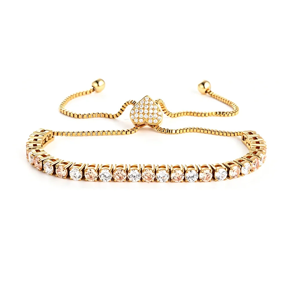 Polished 316 Stainless Round CZ Tennis Bracelet - Gold Heart Champagne and White mm