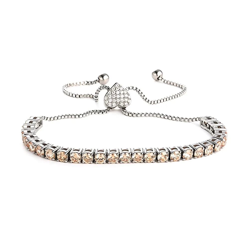 Polished 316 Stainless Round CZ Tennis Bracelet - Silver Heart Champagne mm