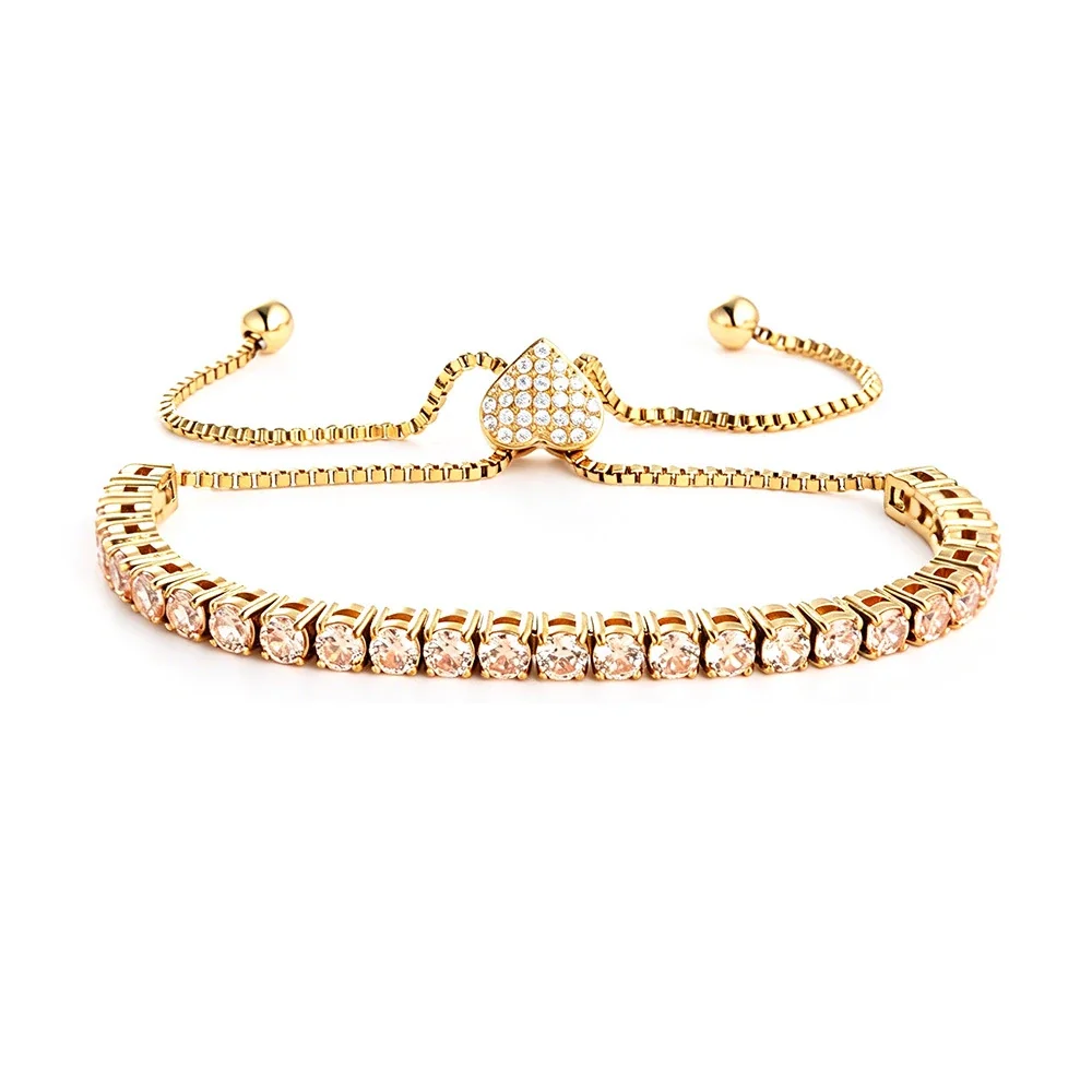 Polished 316 Stainless Round CZ Tennis Bracelet - Gold Heart Champagne mm