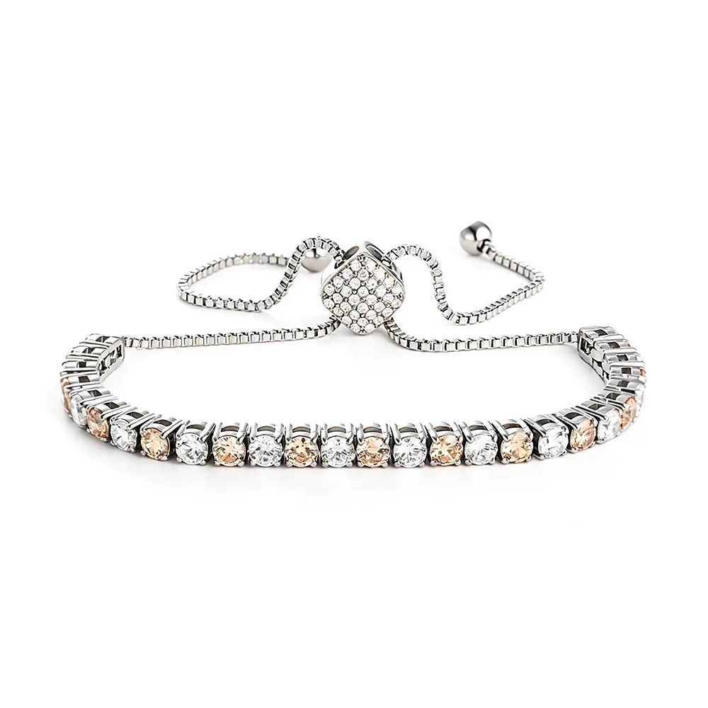 Polished 316 Stainless Round CZ Tennis Bracelet - Silver Square Champagne and White mm