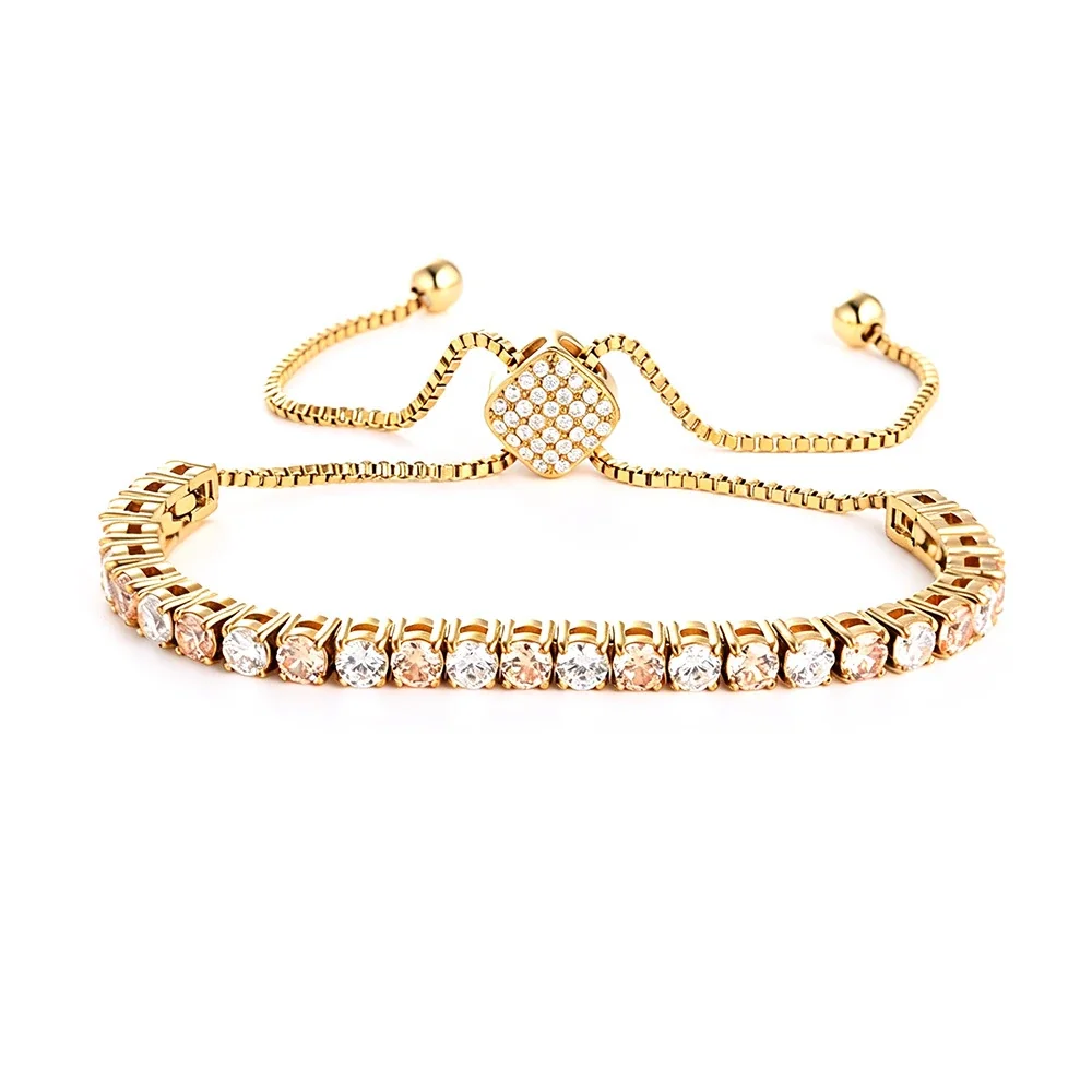 Polished 316 Stainless Round CZ Tennis Bracelet - Gold Square Champagne and White mm