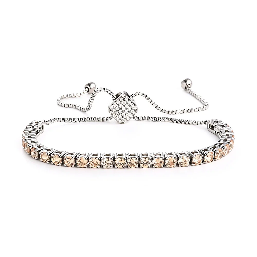 Polished 316 Stainless Round CZ Tennis Bracelet - Silver Square Champagne mm