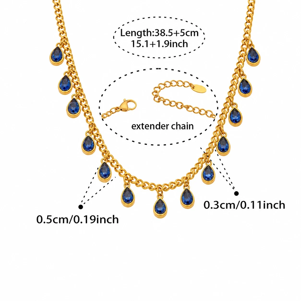 Radiant 316 Stainless Steel Teardrop CZ Necklace - Gold Blue CZ