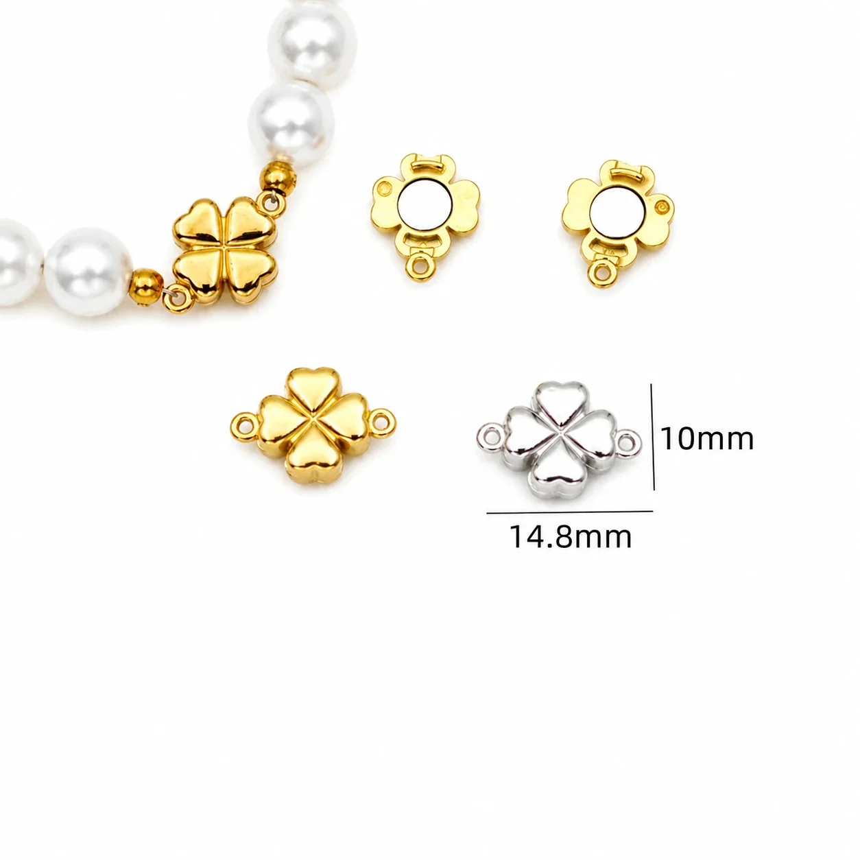 Polished 316 Stainless Steel Magnetic Necklace Clasp - Leaf Clover