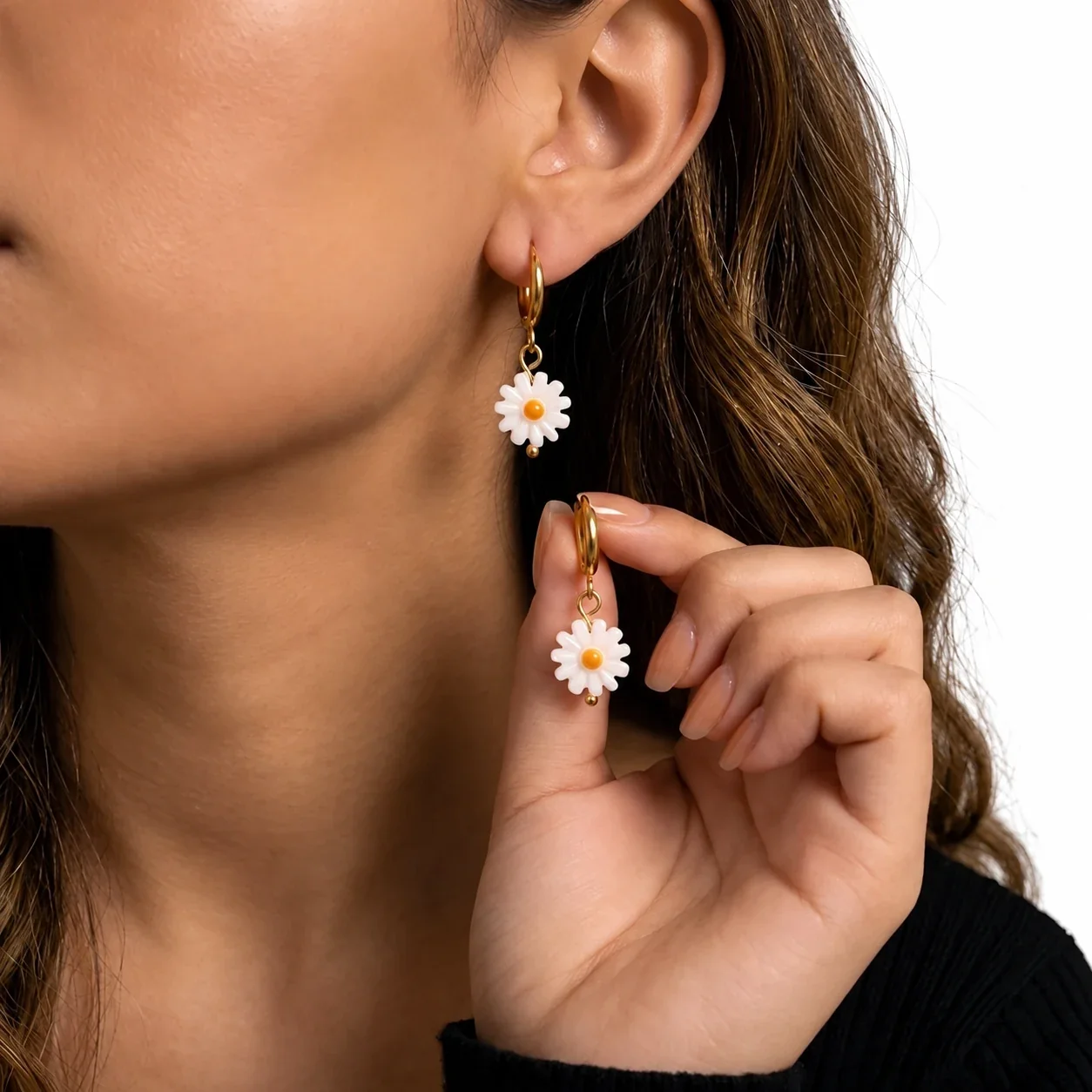 Produktfoto: Daisy Drop-Creolen, Edelstahl 316 mit 18K Gold PVD