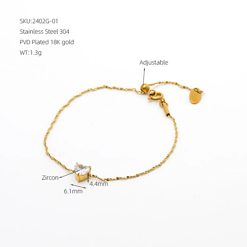 Dainty Gold-Plated 316 Stainless Steel Heart CZ Chain Bracelet - Gold Clear CZ