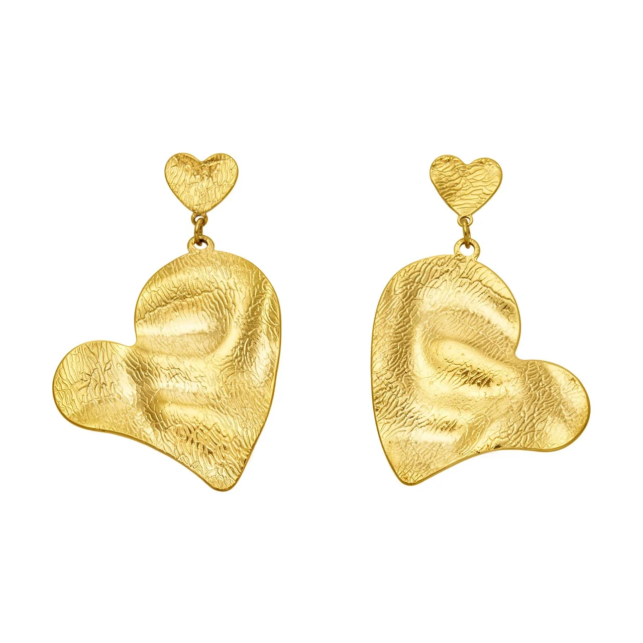 Sculptural Gold PVD Hammered Double Heart 316L Stainless Steel Drop Earrings