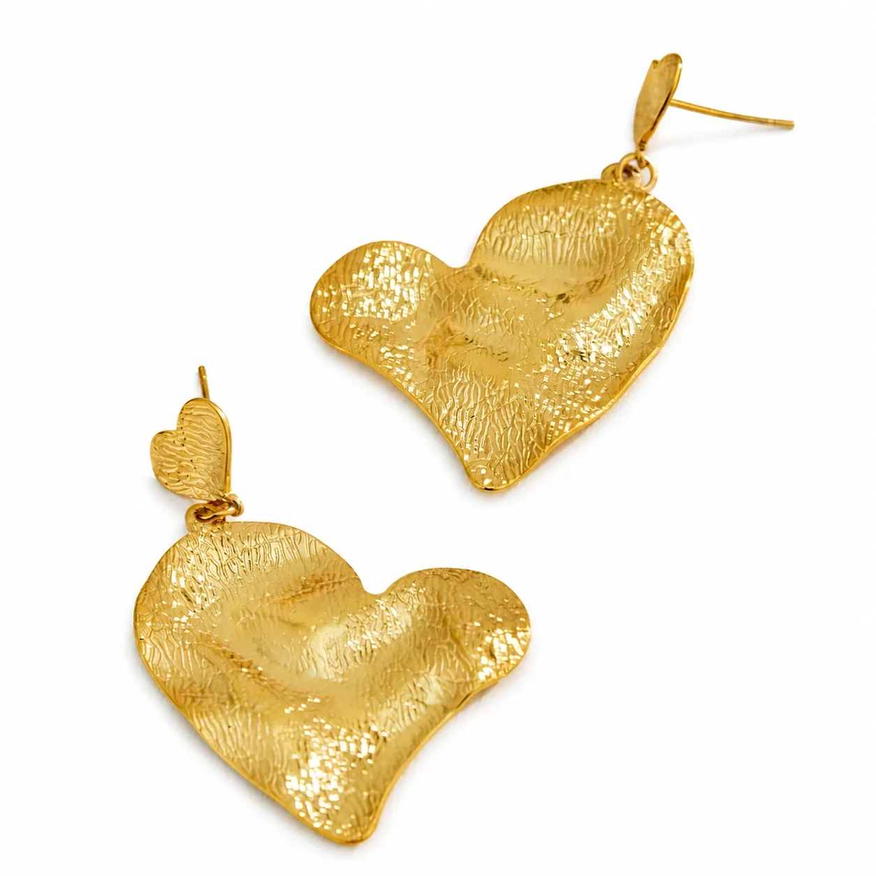 Sculptural Gold-Plated Hammered Double Heart Drop Earrings