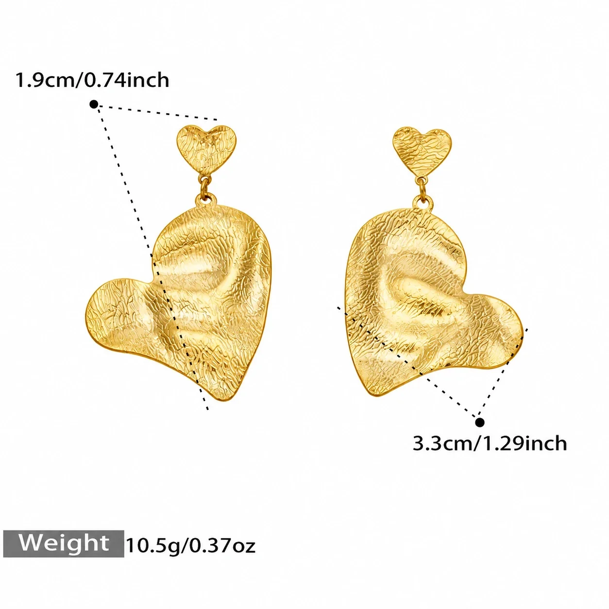 Sculptural Gold-Plated Hammered Double Heart Drop Earrings - Gold