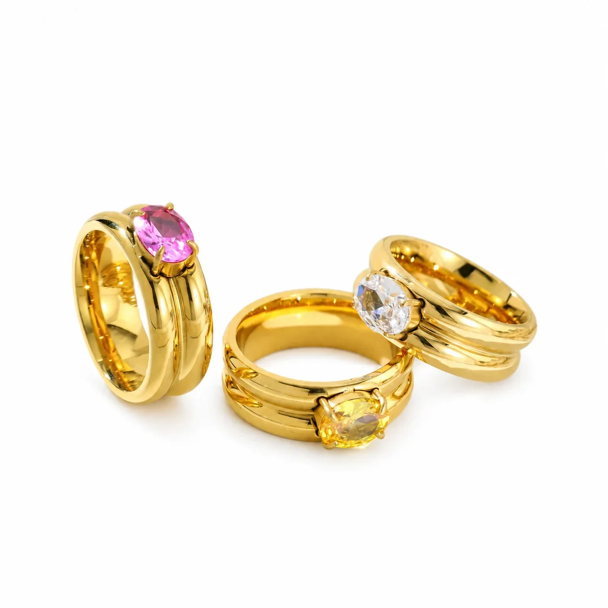 Stacking Ring with Oval Crystal and Triple Split Bands, Gold-Plated
