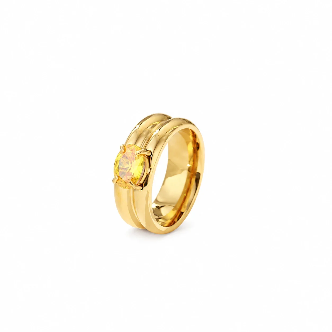 Stacking Ring with Oval Crystal and Triple Split Bands, Gold-Plated