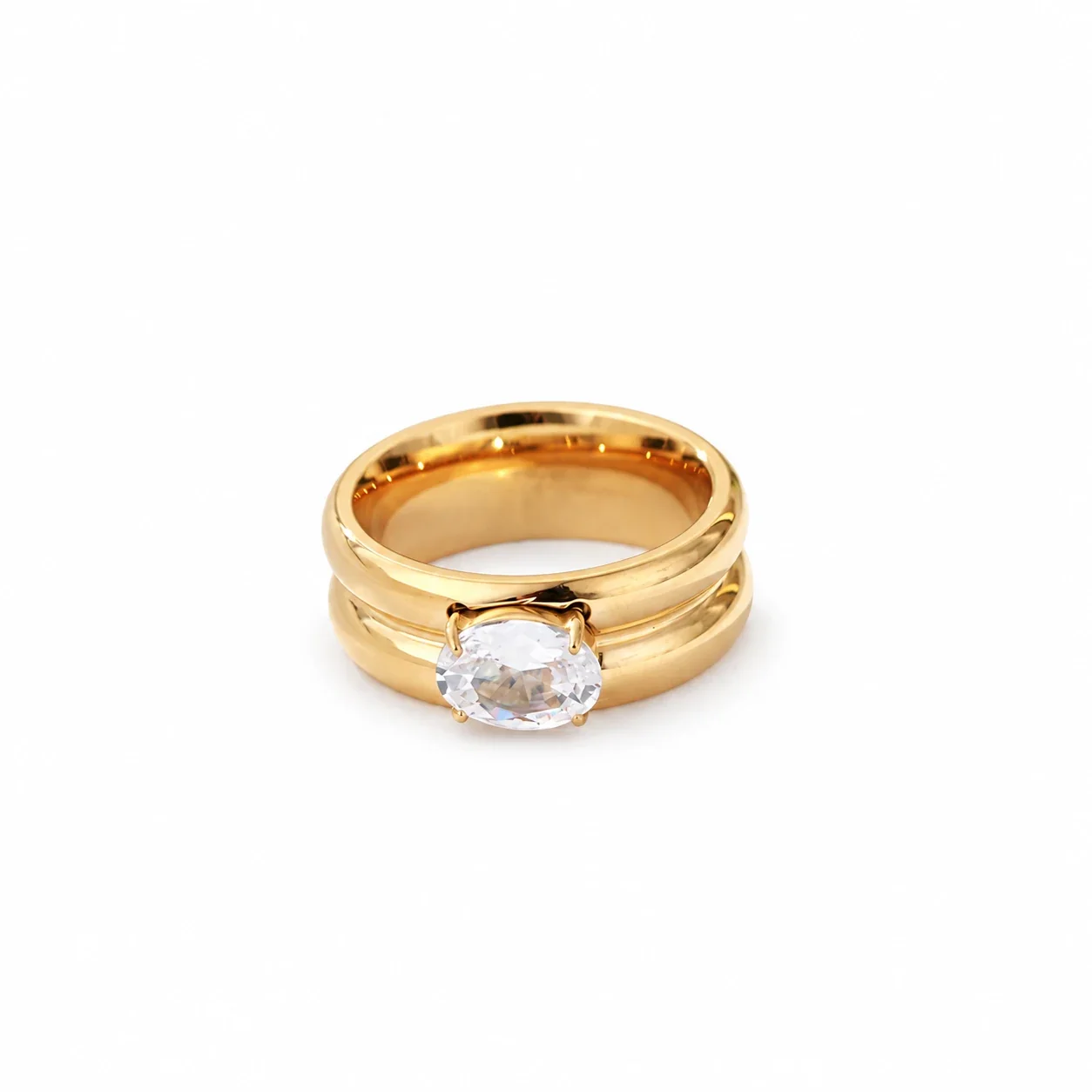 Stacking Ring with Oval Crystal and Triple Split Bands, Gold-Plated