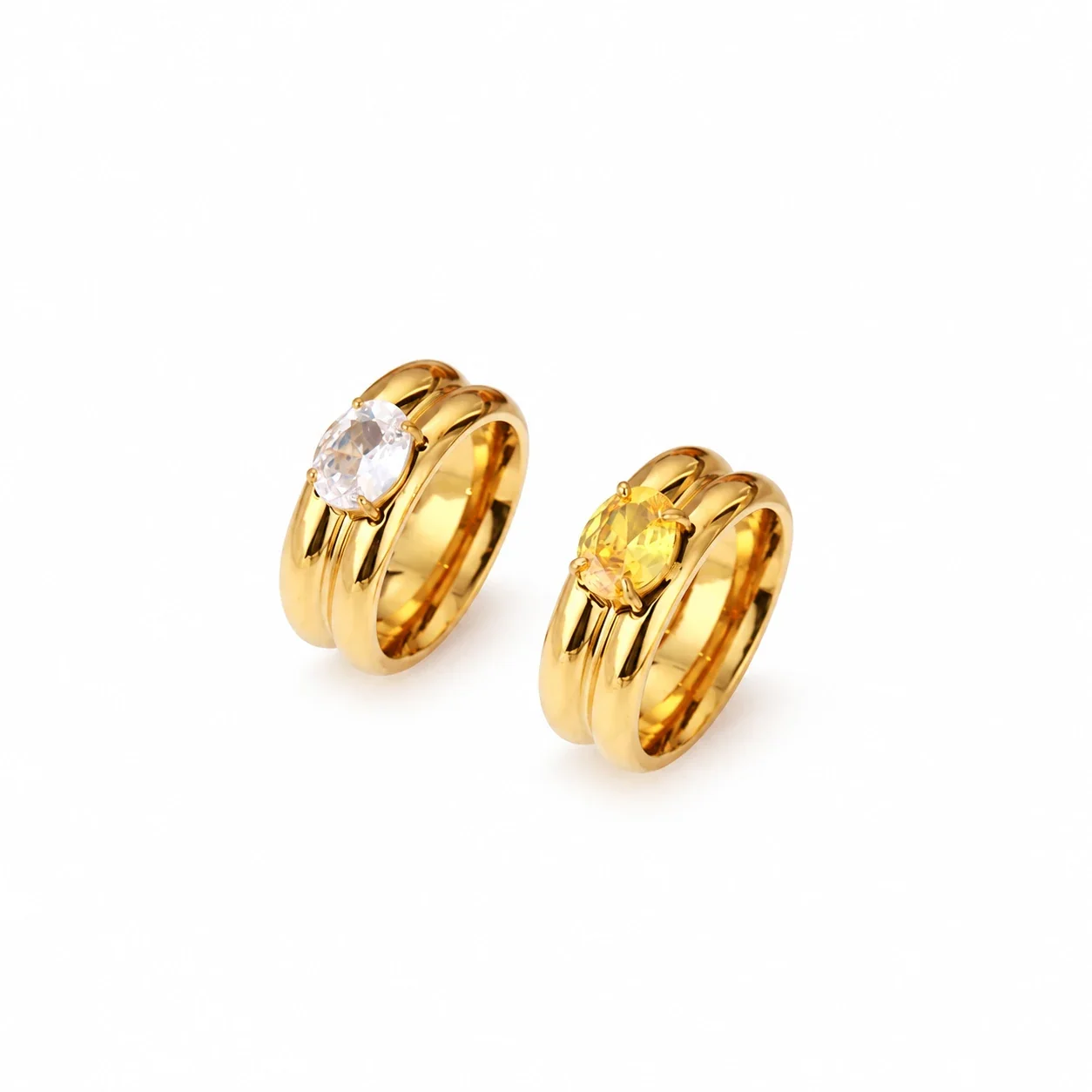 Stacking Ring with Oval Crystal and Triple Split Bands, Gold-Plated