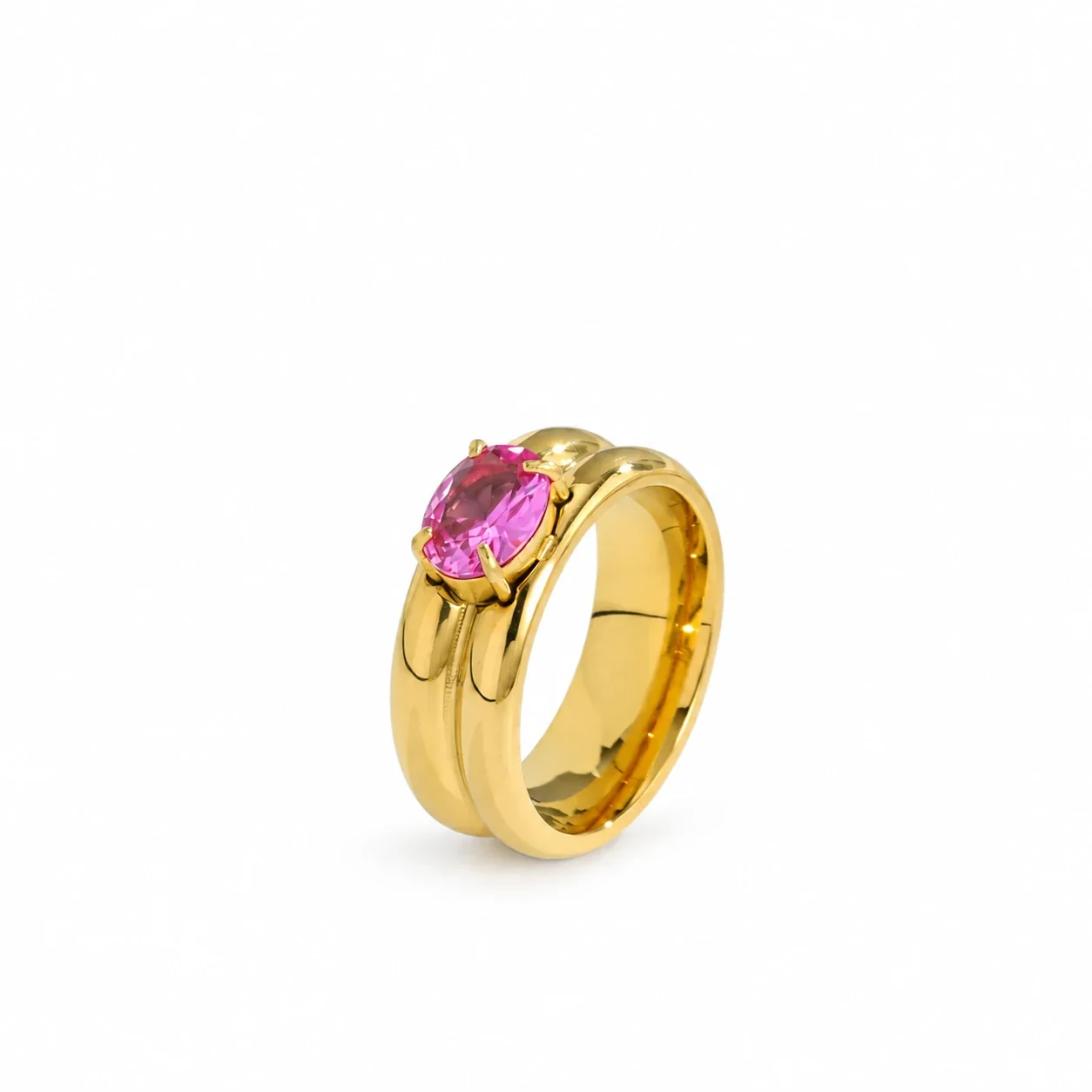 Stacking Ring with Oval Crystal and Triple Split Bands, Gold-Plated - Gold Purple Crystal