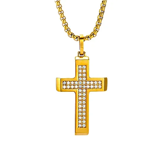 Raised Edge 316 Stainless Steel Pavé Cross Pendant Necklace