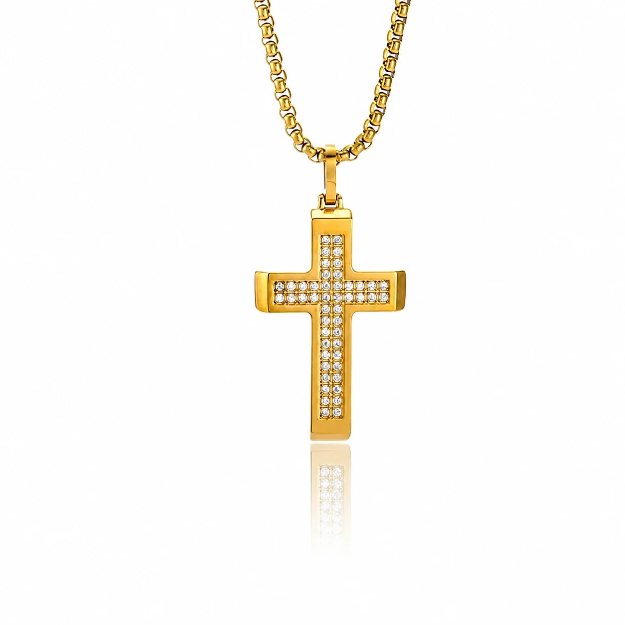 Polished 316 Stainless Steel Pavé Cross Pendant Necklace